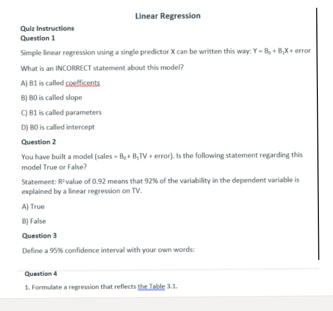 Solved Linear Regression Quiz Instructions Question 1 Simple | Chegg.com