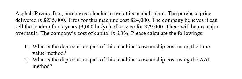 Asphalt Pavers, Inc., purchases a loader to use at its asphalt plant. The purchase price delivered is \( \$ 235,000 \). Tires
