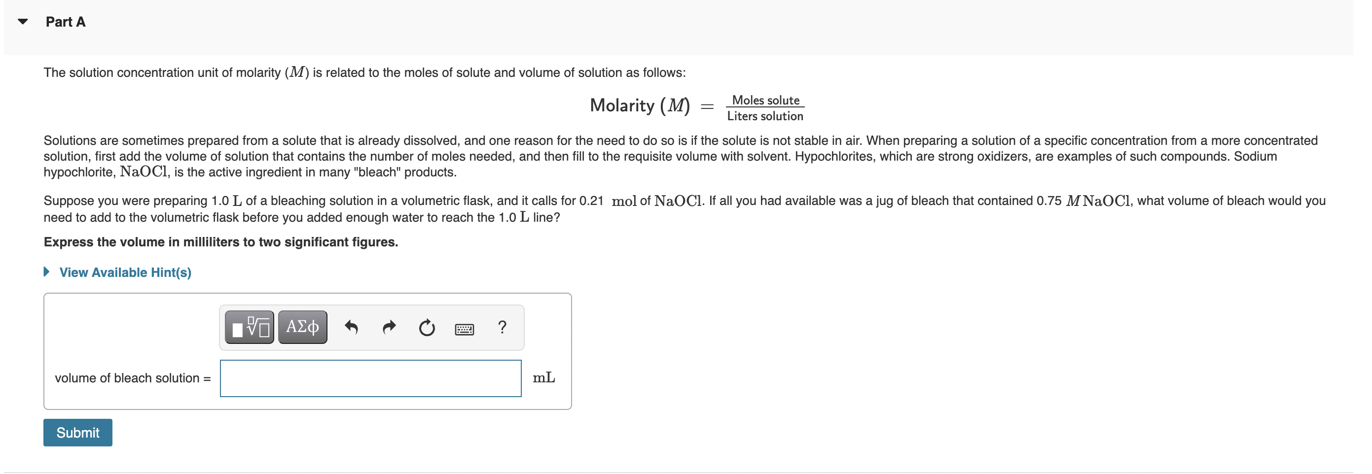 Solved Part A The solution concentration unit of molarity