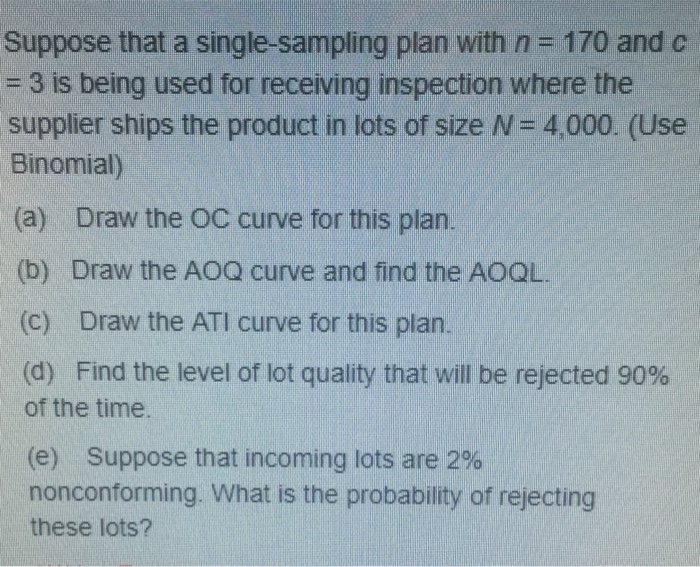 Solved Suppose that a single-sampling plan with n - 170 and | Chegg.com
