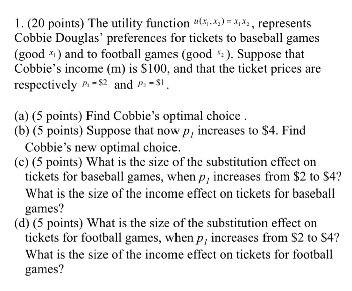 Solved l. (20 points) The utility function 11(x,,x)=x, x, | Chegg.com