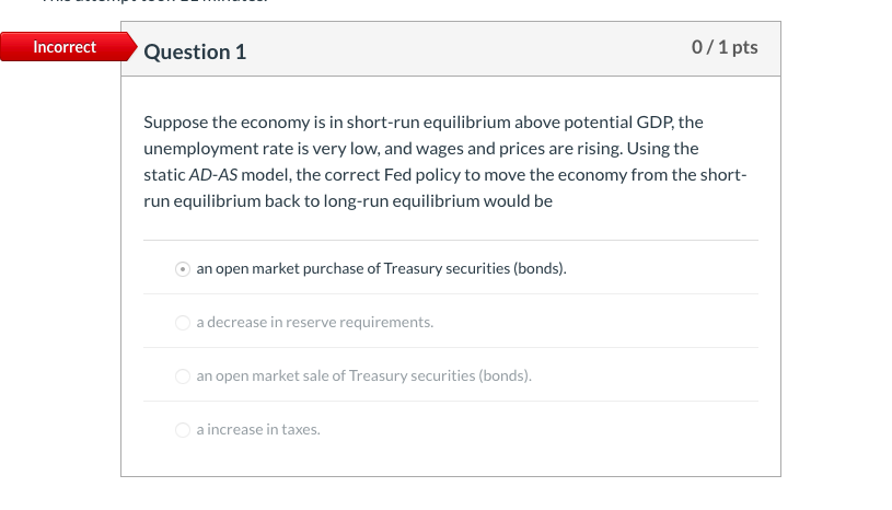 Solved Question 1 0/1 pts Suppose the economy is in | Chegg.com