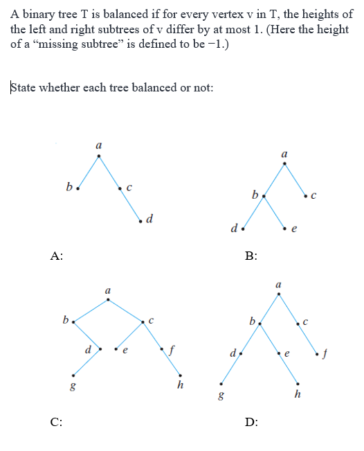 Solved A binary tree T is balanced if for every vertex v in | Chegg.com