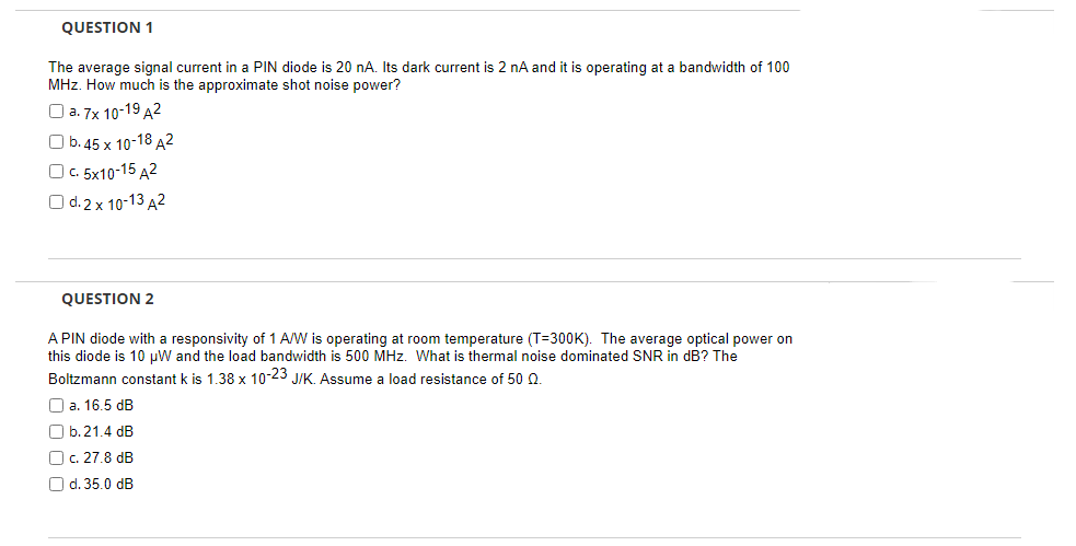 Solved QUESTION 1 The average signal current in a PIN diode | Chegg.com