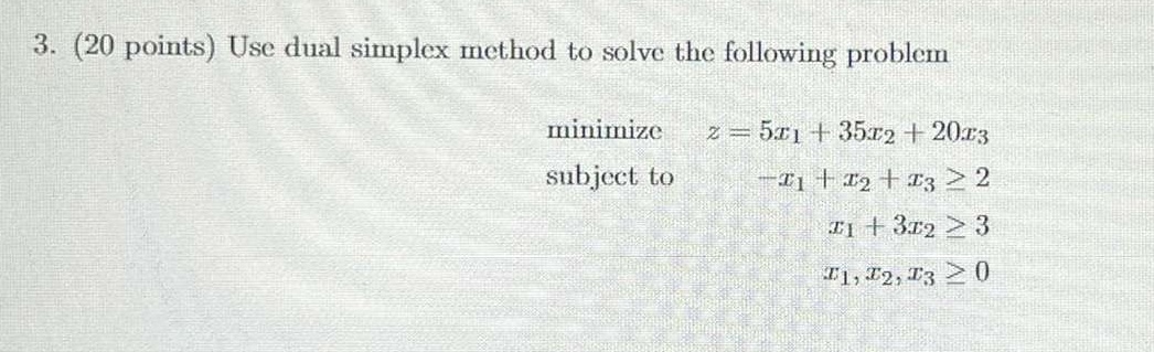 Solved 3. (20 points) Use dual simplex method to solve the | Chegg.com