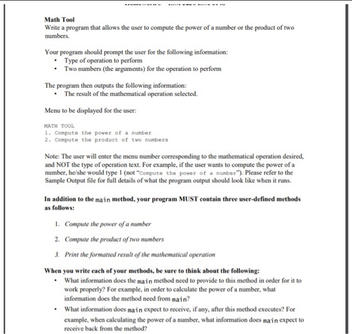Math Utility Program Code Output Solved Math Tool Write a program that allows the user to | Chegg.com