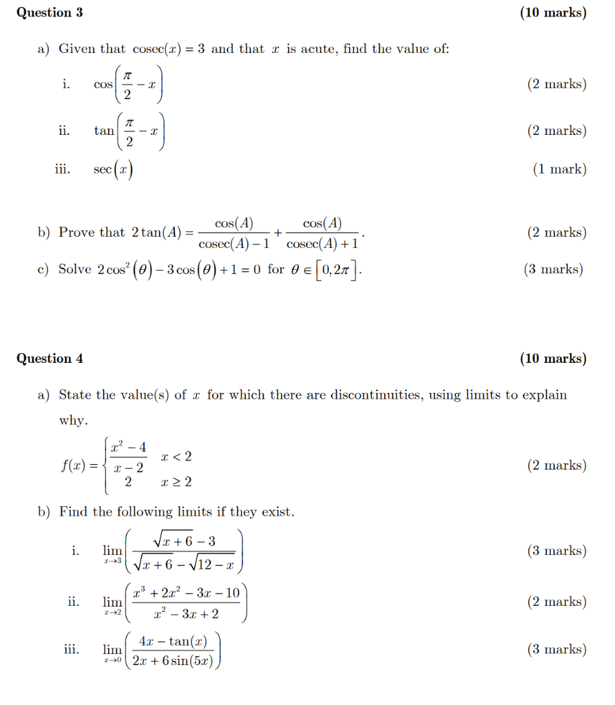 Solved a) Given that cosec(x)=3 and that x is acute, find | Chegg.com