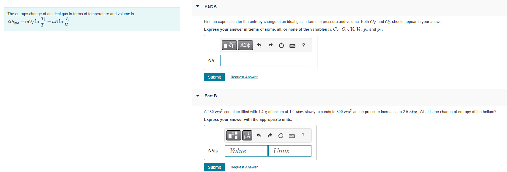 Solved The entropy change of an ideal gas in terms of | Chegg.com