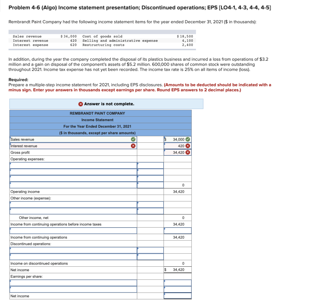 Solved Problem 4-6 (algo) Income Statement Presentation; 