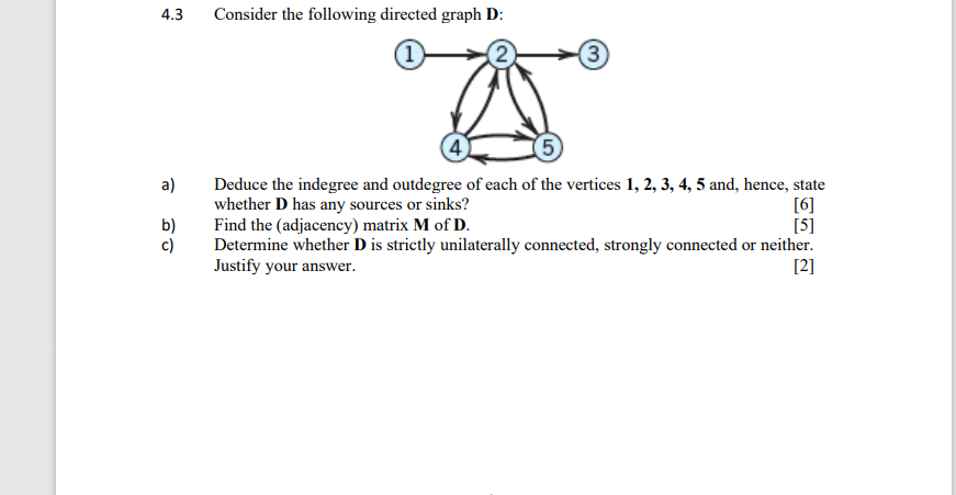 Solved 4.3 Consider the following directed graph D: 3 a) 4 5 | Chegg.com