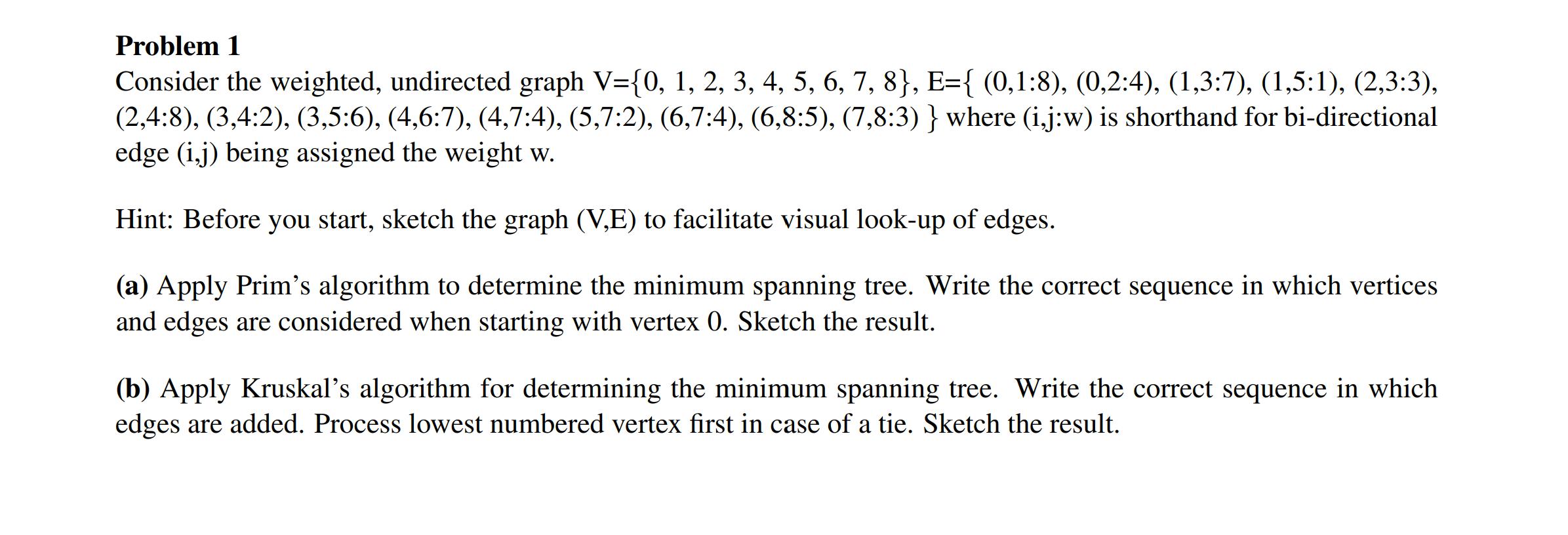 Solved Problem 1 Consider the weighted, undirected graph | Chegg.com