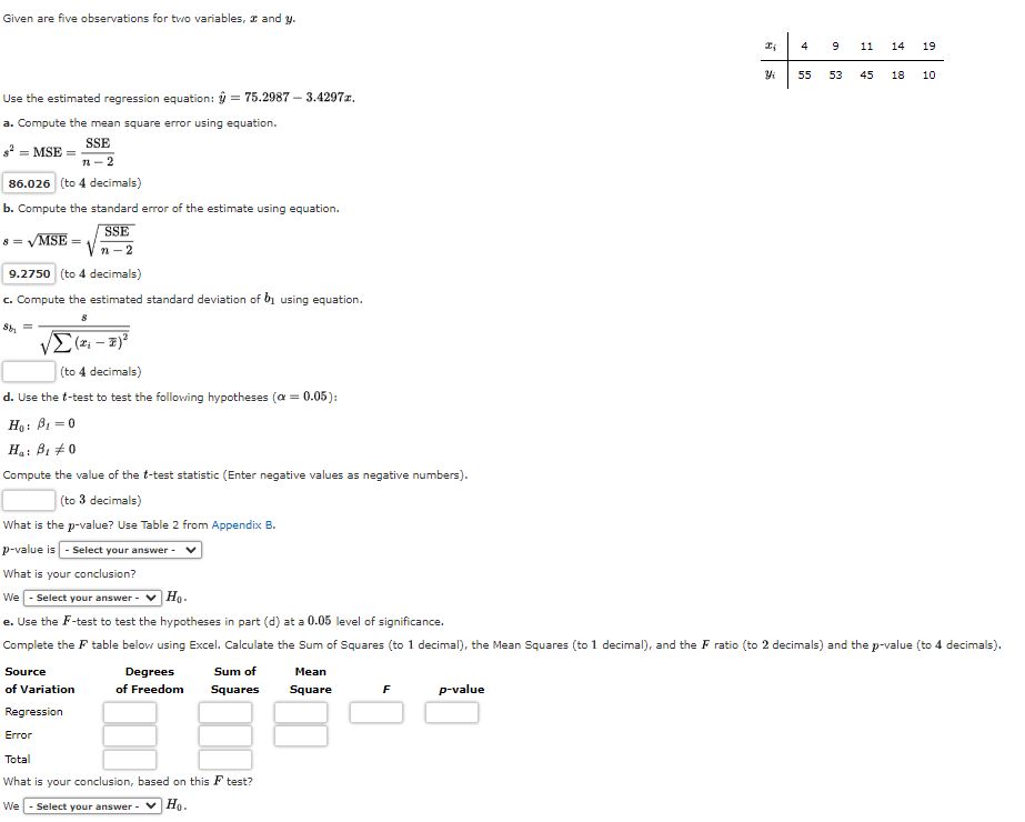 Solved Given are five observations for two variables, x ﻿and | Chegg.com