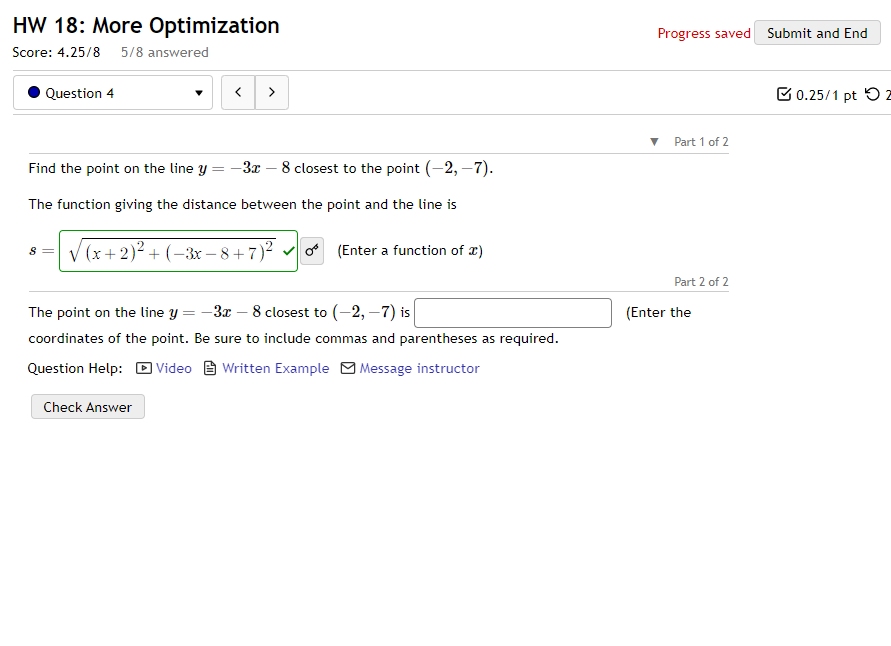 Find the point on the line y=−3x−8 closest to the | Chegg.com