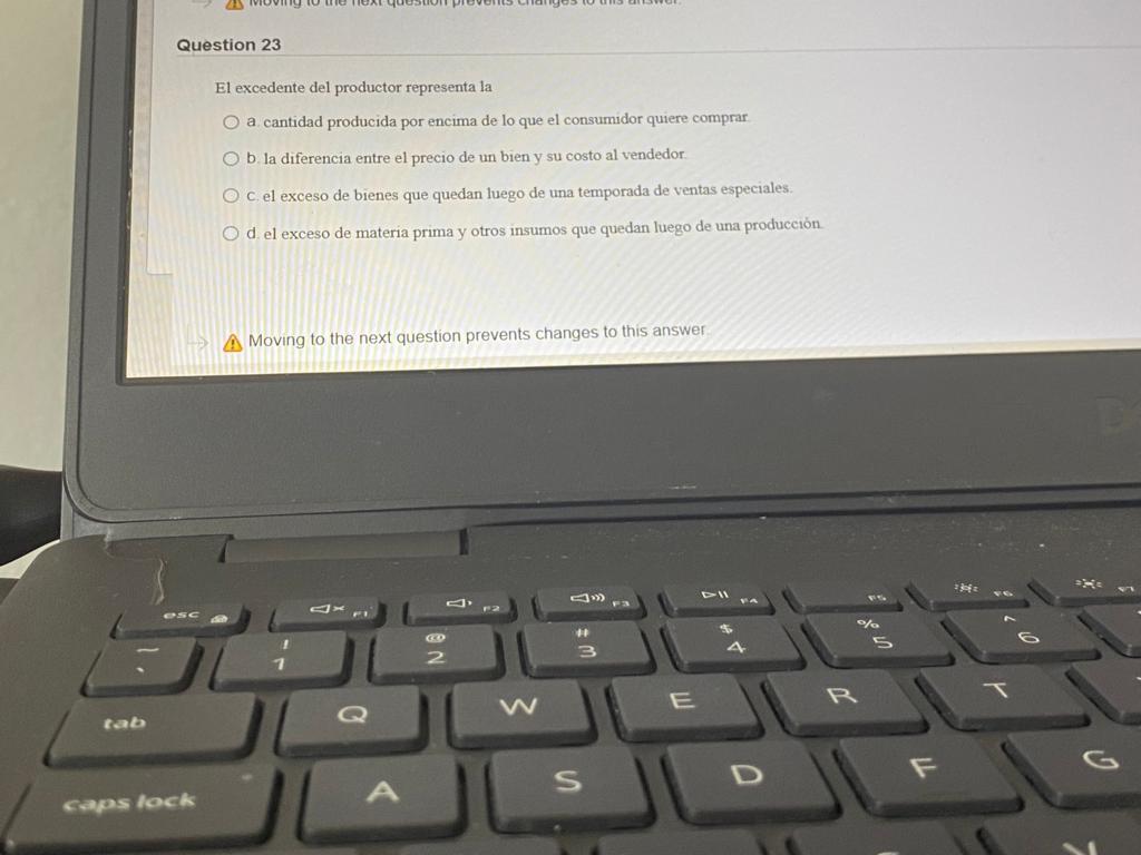 Question 23 El excedente del productor representa la a cantidad producida por encima de lo que el consumidor quiere comprar b