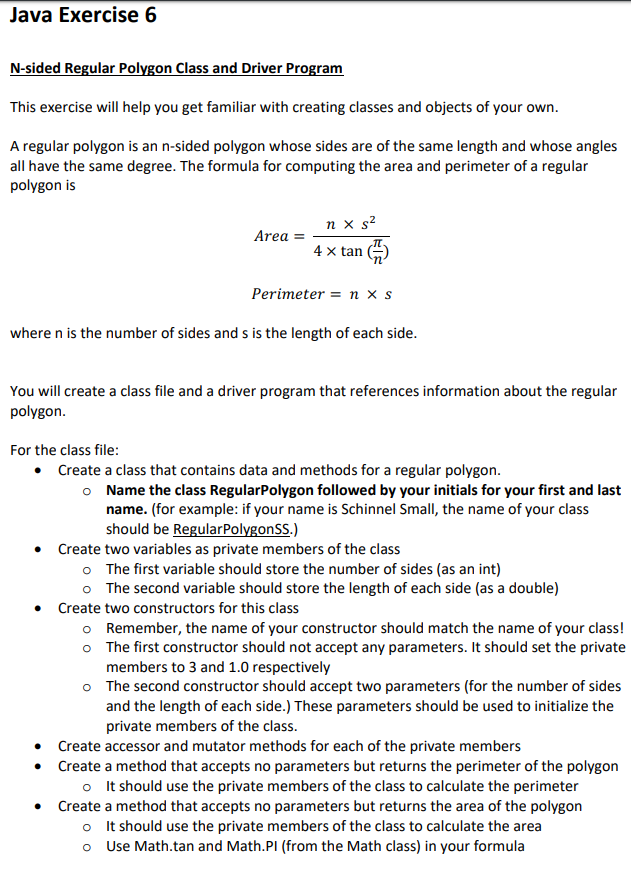 Solved Java Exercise 6 N-sided Regular Polygon Class and | Chegg.com