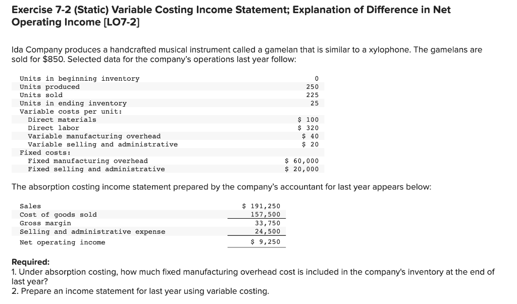 Solved Exercise 7 2 Static Variable Costing Income 8466