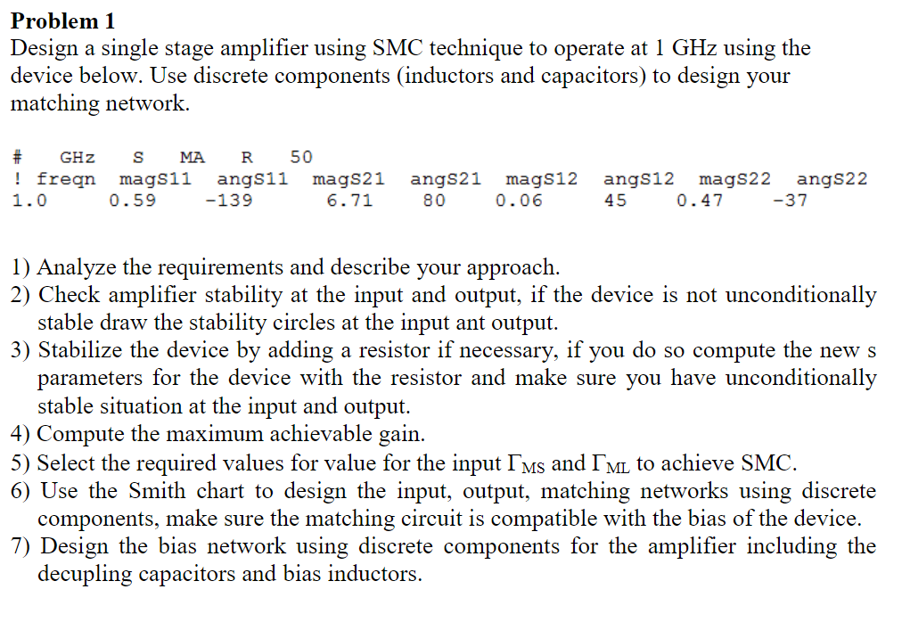 Solved Problem 1 Design a single stage amplifier using SMC | Chegg.com