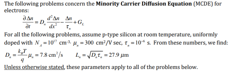 Solved The following problems concern the Minority Carrier | Chegg.com