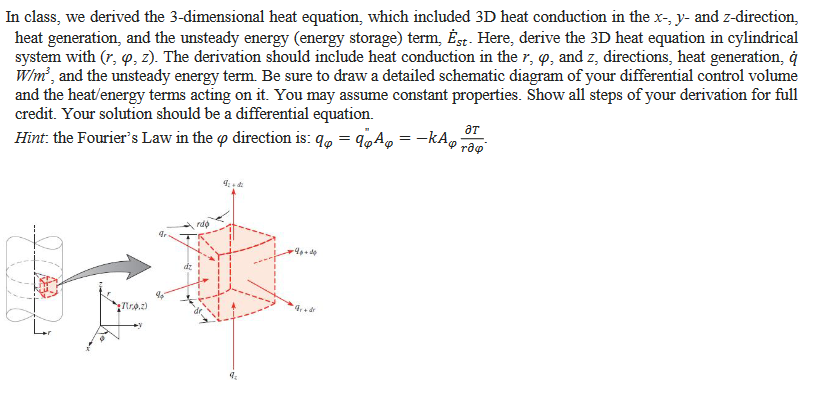 Solved In class, we derived the 3-dimensional heat equation, | Chegg.com