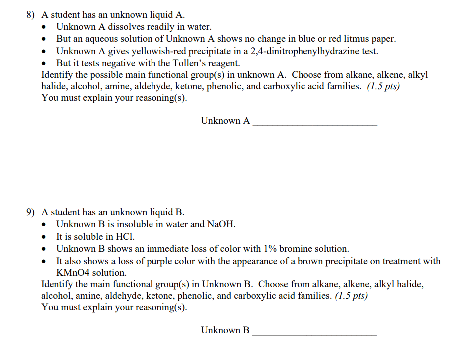 Solved 8) A student has an unknown liquid A. - Unknown A | Chegg.com