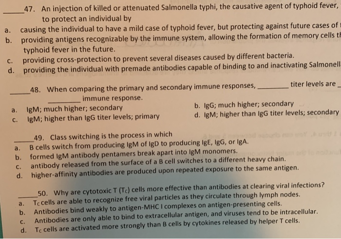 Solved 47. An injection of killed or attenuated Salmonella | Chegg.com