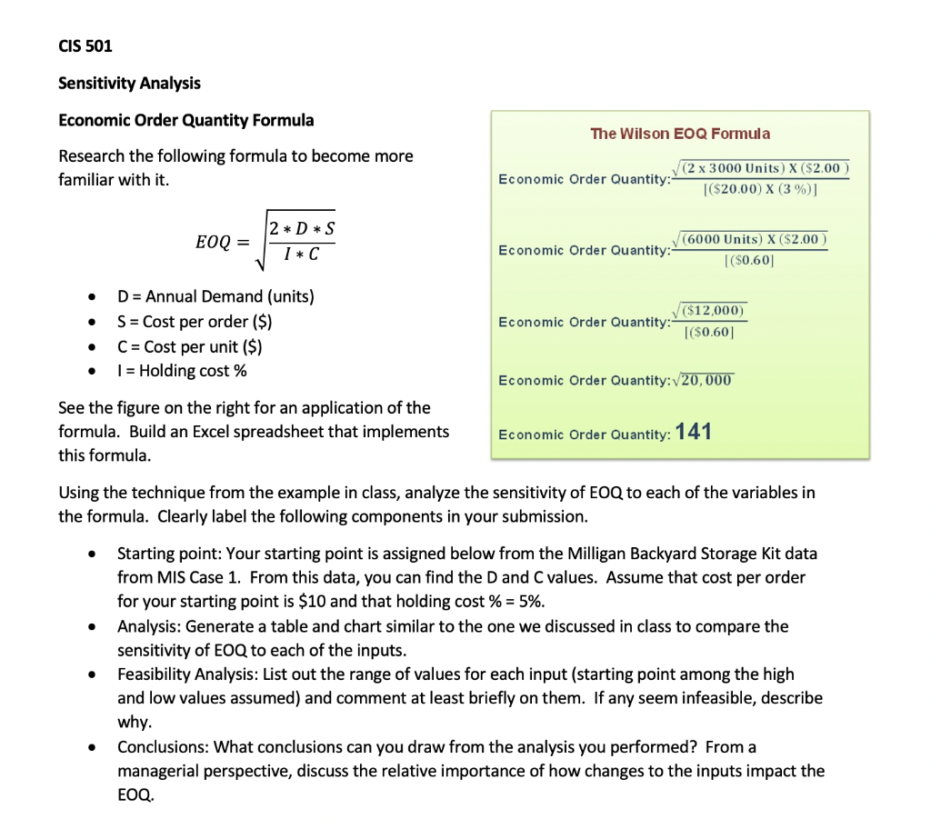 Cis 501 Sensitivity Analysis Economic Order Quanti Chegg Com