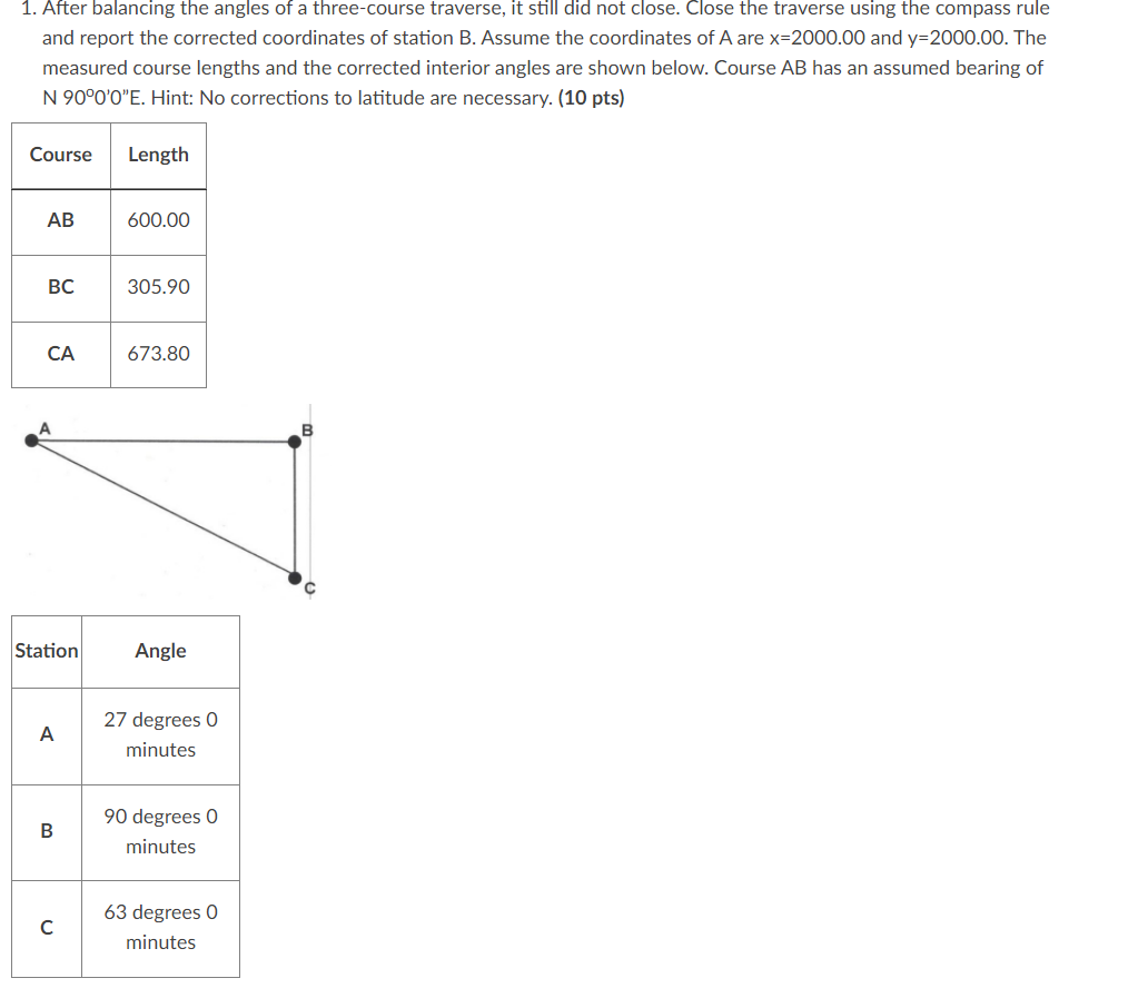 Solved 1. After balancing the angles of a three-course | Chegg.com
