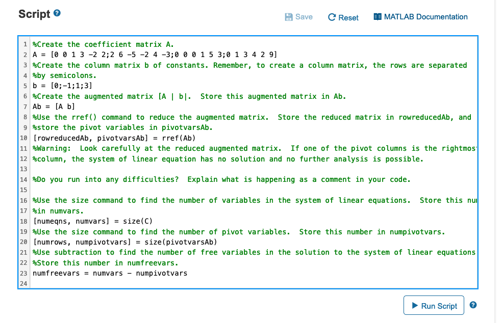 Script Save C Reset MATLAB Documentation 1 %Create | Chegg.com