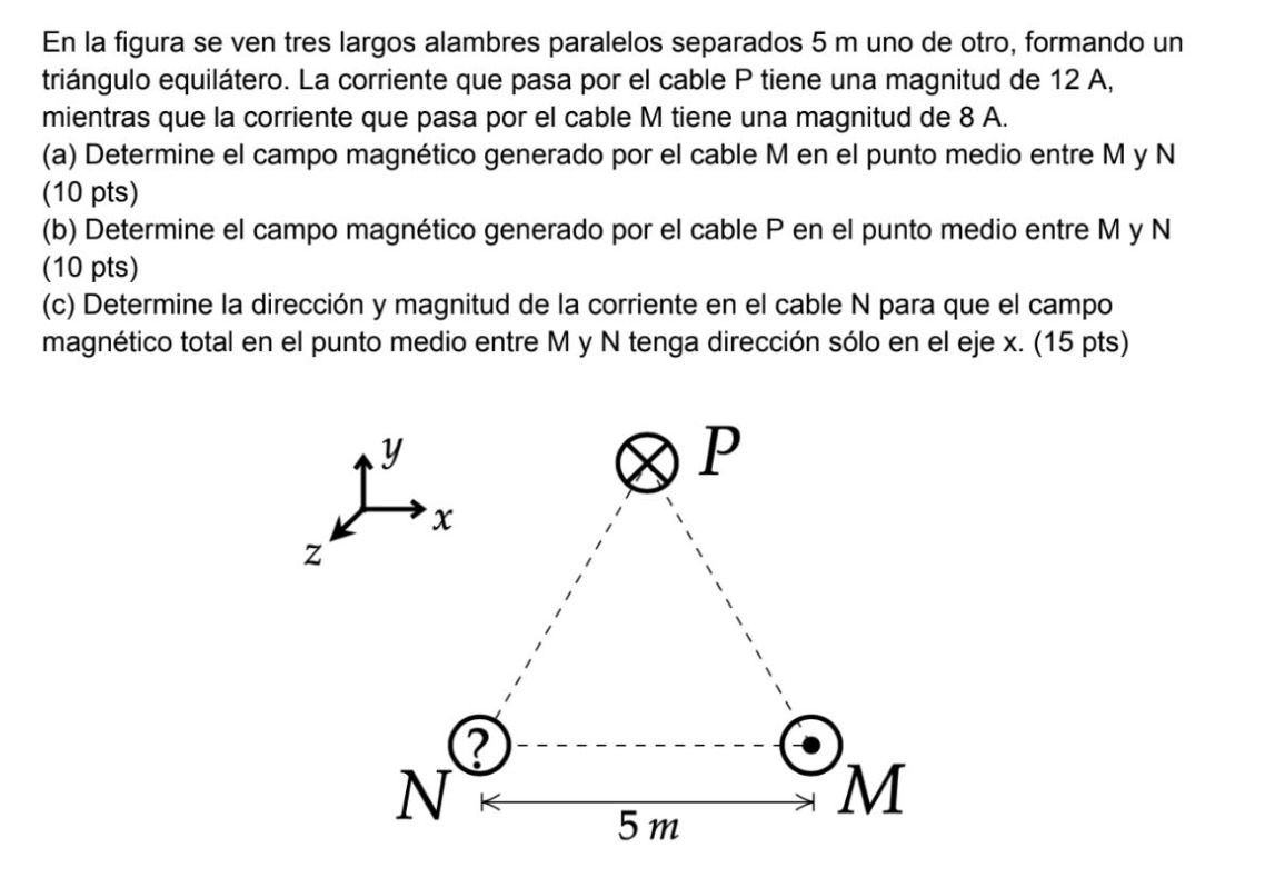 En la figura se ven tres largos alambres paralelos separados \( 5 \mathrm{~m} \) uno de otro, formando un triángulo equiláter