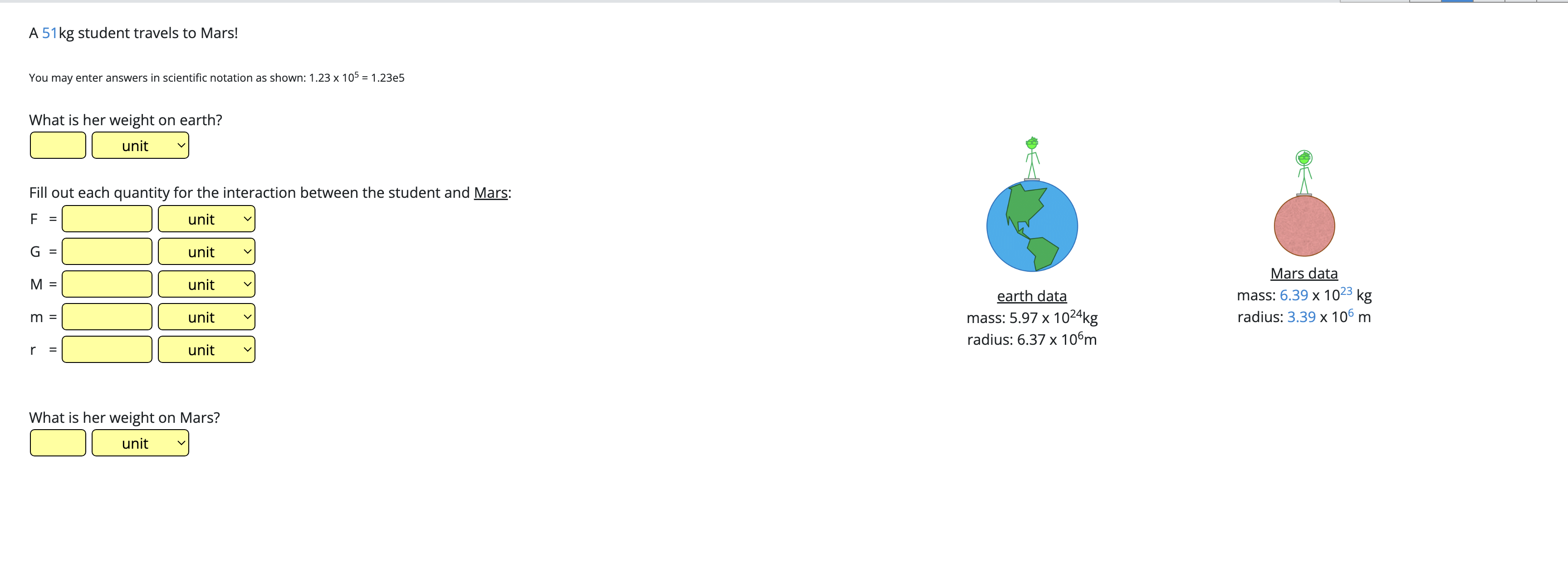 Solved A 51kg ﻿student travels to Mars!You may enter answers | Chegg.com