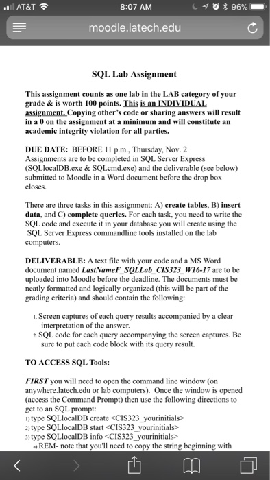  il AT T 8 07 AM Moodle latech edu SQL Lab Chegg