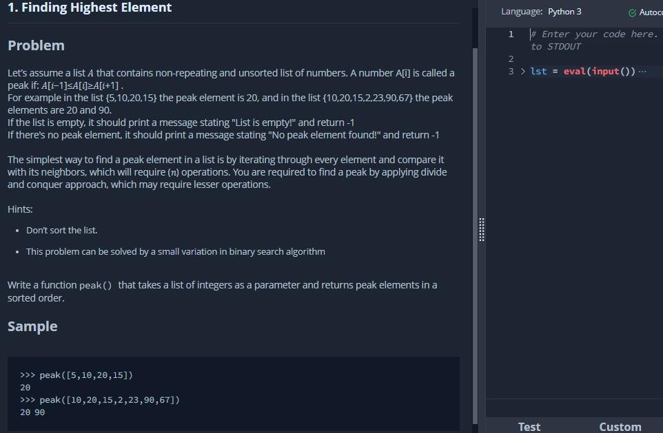 Solved 1. Finding Highest Element Language: Python 3 Autoce | Chegg.com