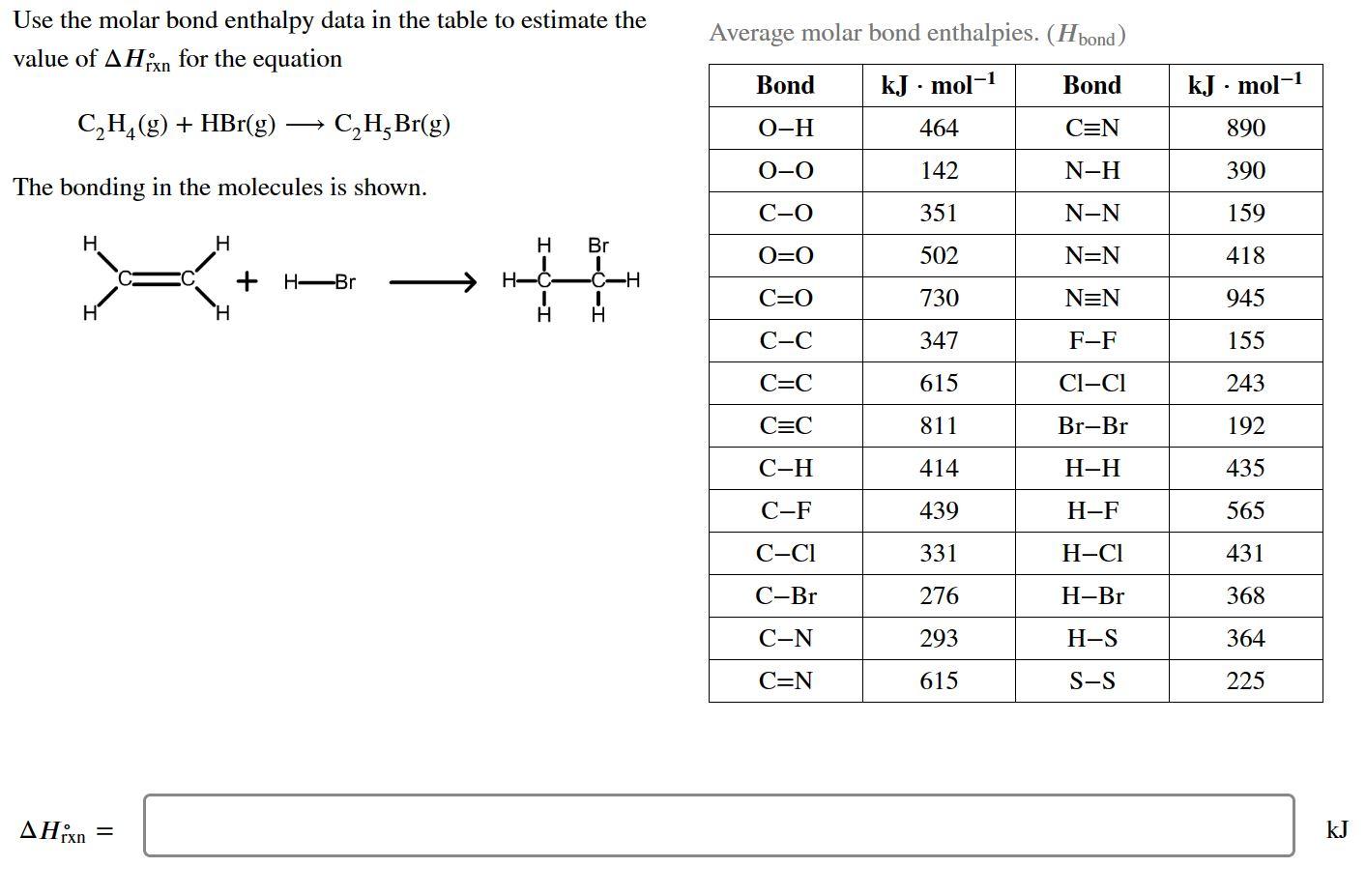 Solved Use the molar bond enthalpy data in the table to Chegg