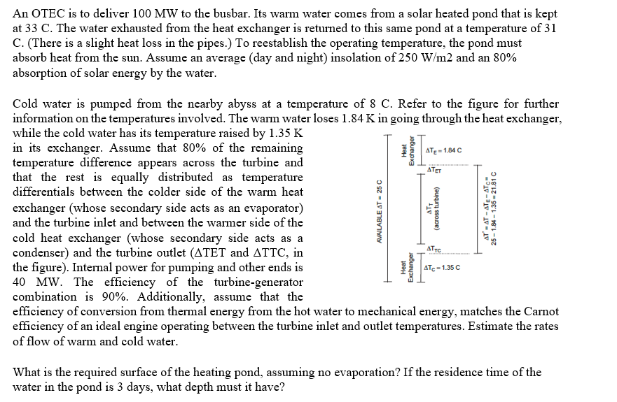 Solved An OTEC is to deliver 100MW to the busbar. Its warm | Chegg.com