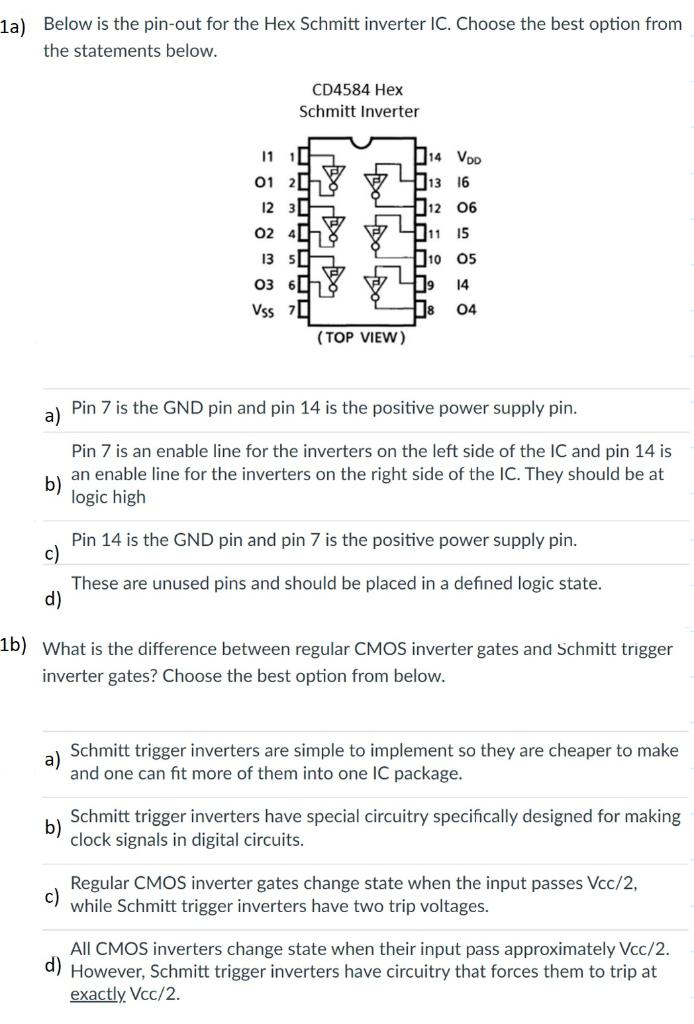 a) Below is the pin-out for the Hex Schmitt inverter IC. Choose the best option from the statements below.
a) Pin 7 is the GN