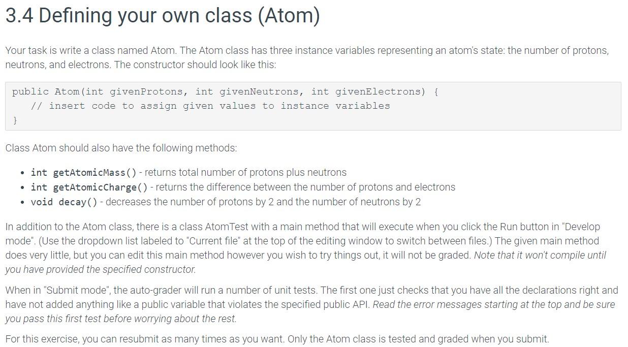 Solved 3 4 Defining Your Own Class Atom Your Task Is Write Chegg Com