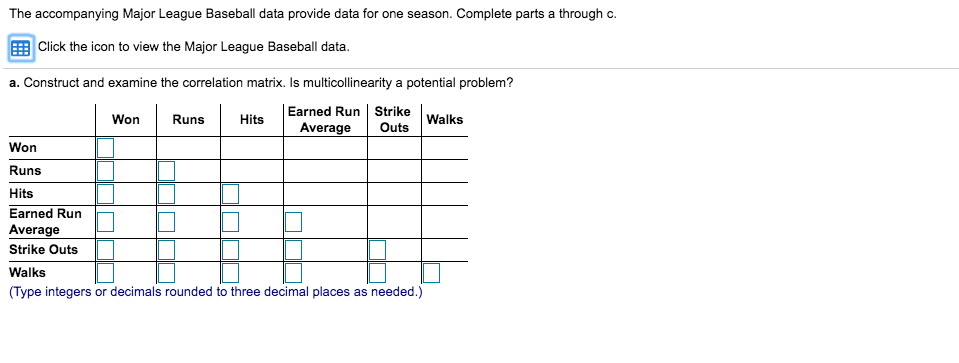 Solved The accompanying Major League Baseball data provide | Chegg.com