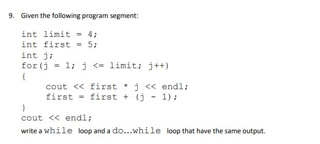 Solved 9. Given the following program segment: int limit = | Chegg.com