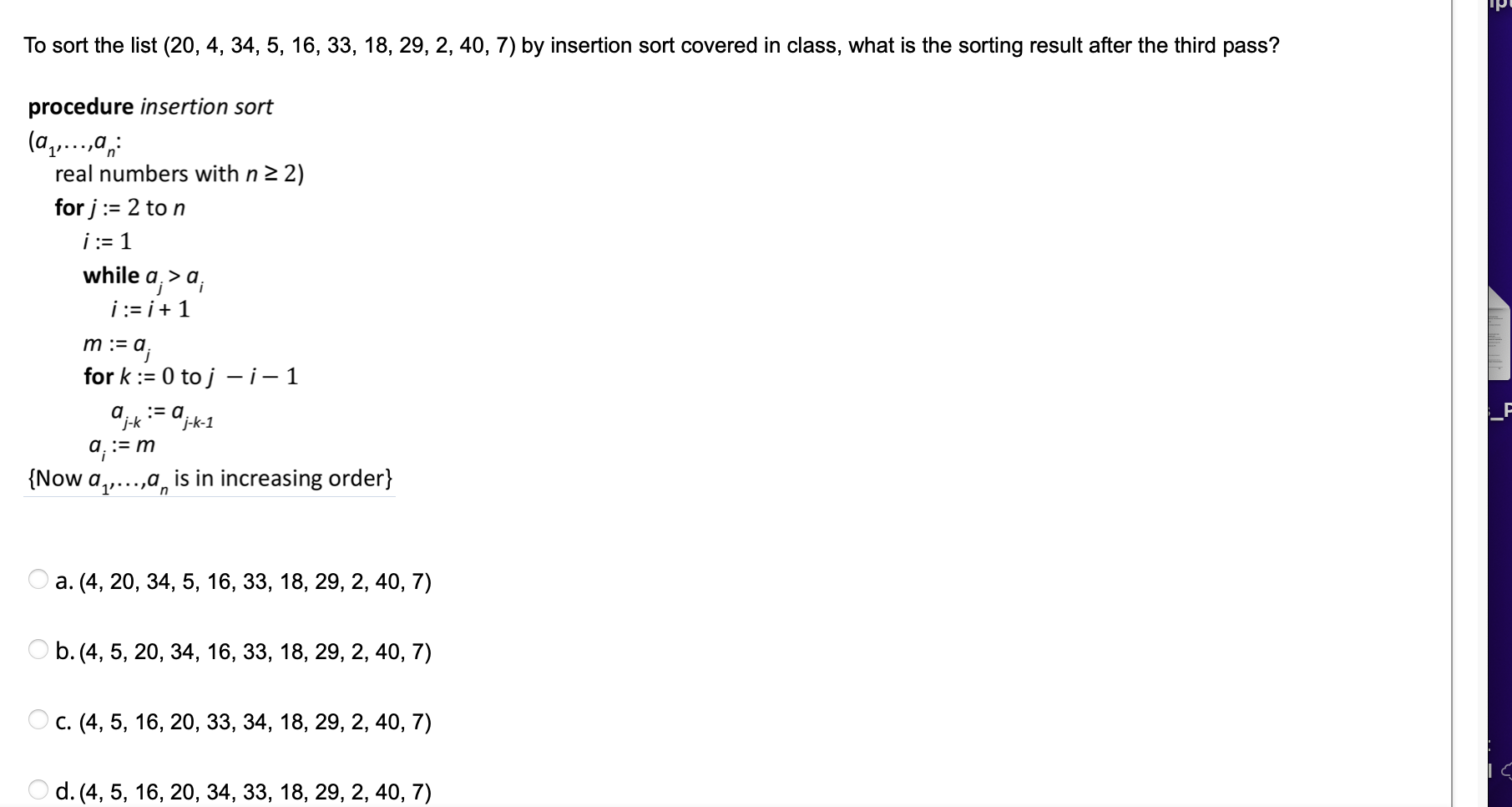 Solved To sort the list (20,4,34,5,16,33,18,29,2,40,7) by | Chegg.com