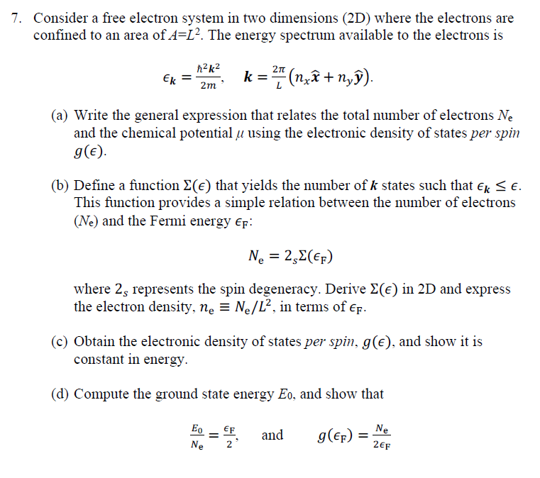 Solved 7. Consider a free electron system in two dimensions | Chegg.com