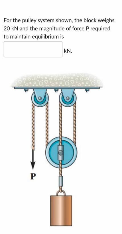 Solved For the pulley system shown, the block weighs 20 kN | Chegg.com