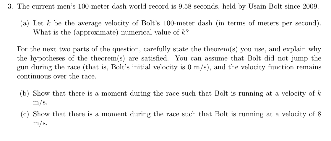 Solved 3. The Current Men's 100-meter Dash World Record Is | Chegg.com