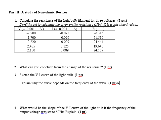 Solved Part Ii A Study Of Non Ohmic Devices 1 Calculate Chegg Com