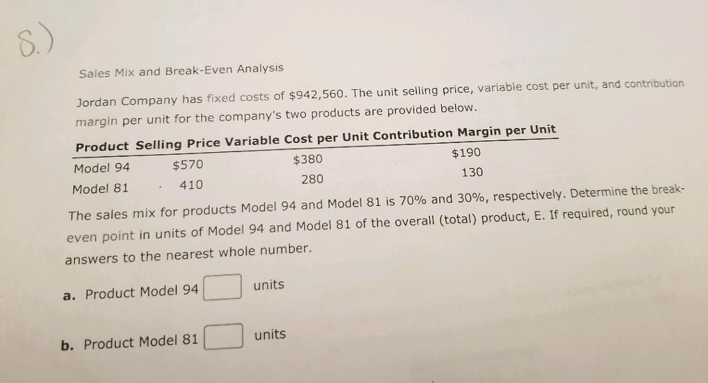 Solved 6 Sales Mix And Break Even Analysis Jordan Company Chegg Solved 6 Sales Mix And Break Even Analysis Jordan Company Chegg