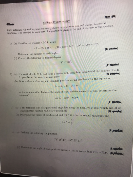 Solved College Trigonometry nstructions: All working must be | Chegg.com