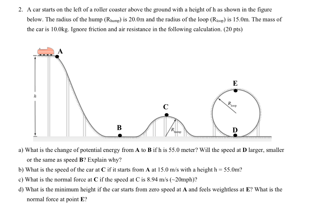 Solved 2. A car starts on the left of a roller coaster above | Chegg.com