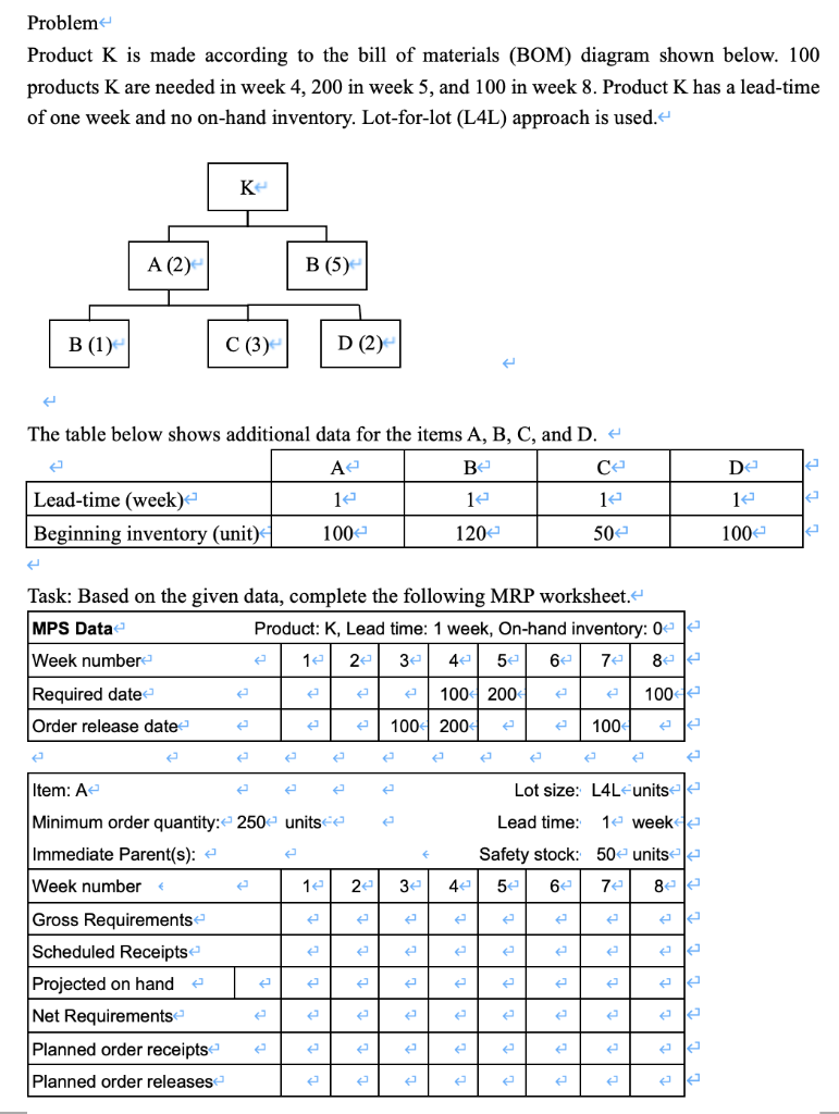 Solved Problem Product K is made according to the bill of | Chegg.com