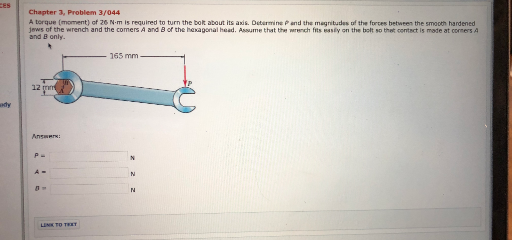 Solved CES Chapter 3, Problem 3/044 A Torque (moment) Of 26 | Chegg.com