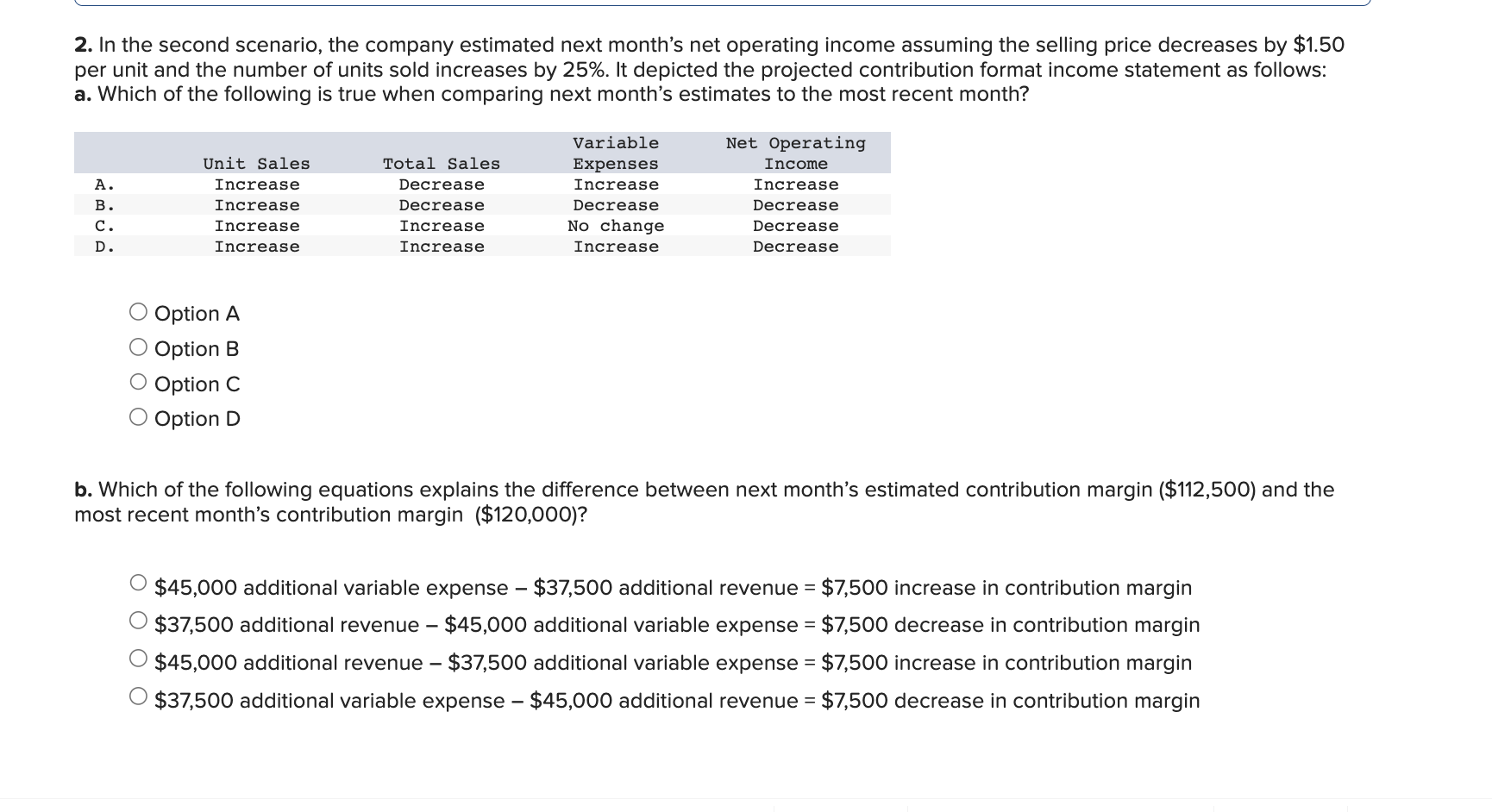 2. In the second scenario, the company estimated next months net operating income assuming the selling price decreases by \(