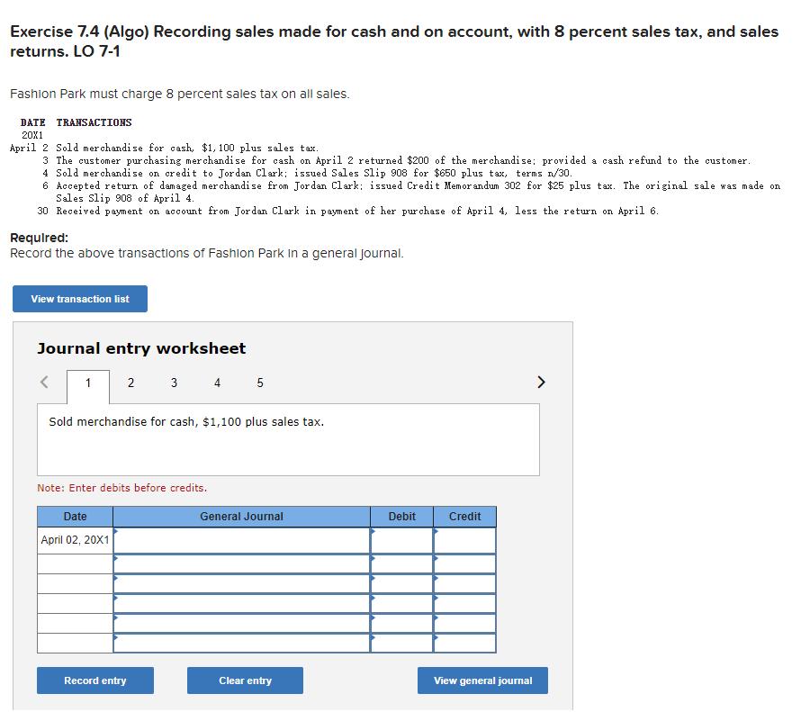 Solved Exercise 7.4 (Algo) Recording sales made for cash and Chegg